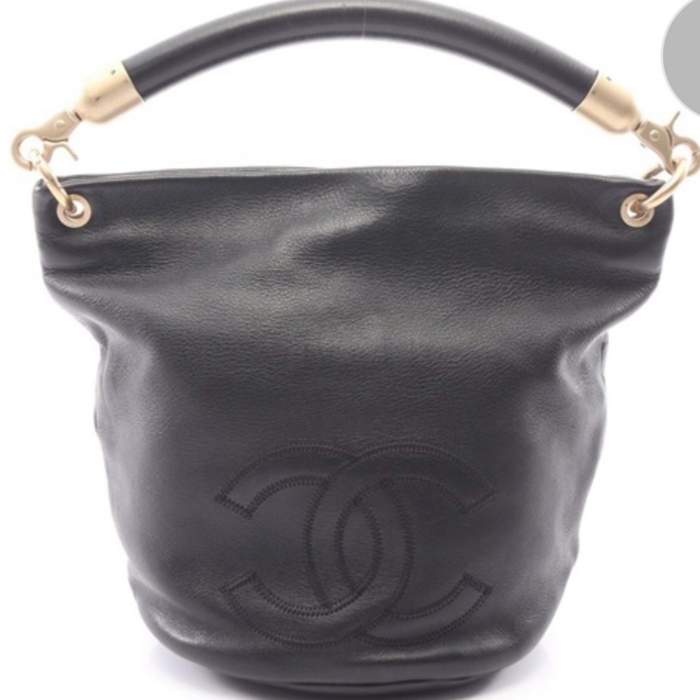 CHANEL Black Leather Hobo with Gold-Tone Handle Accents